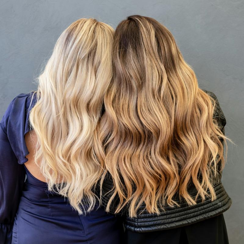 Long, sun-lightened blonde waves, seen from behind