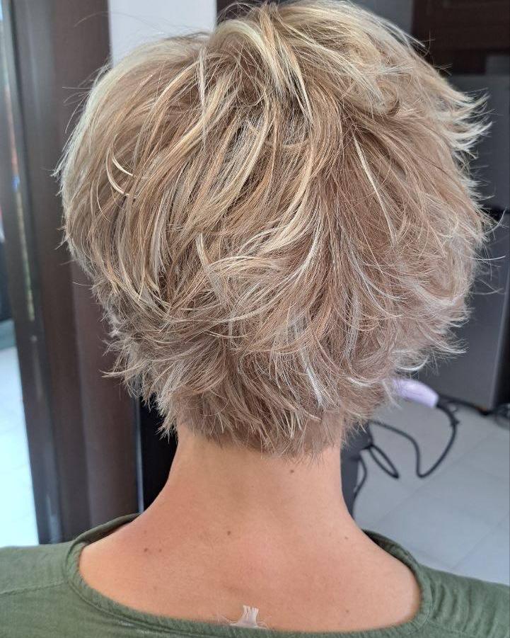 Back view of a short, textured crop with soft blonde highlights